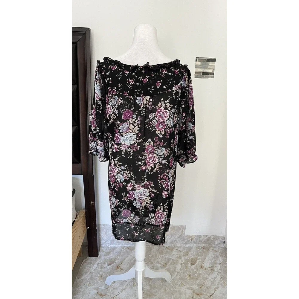 Woman Within Blouse 1X Floral Peasant Top Ruffle Neck Chiffon Boho Tunic sheer